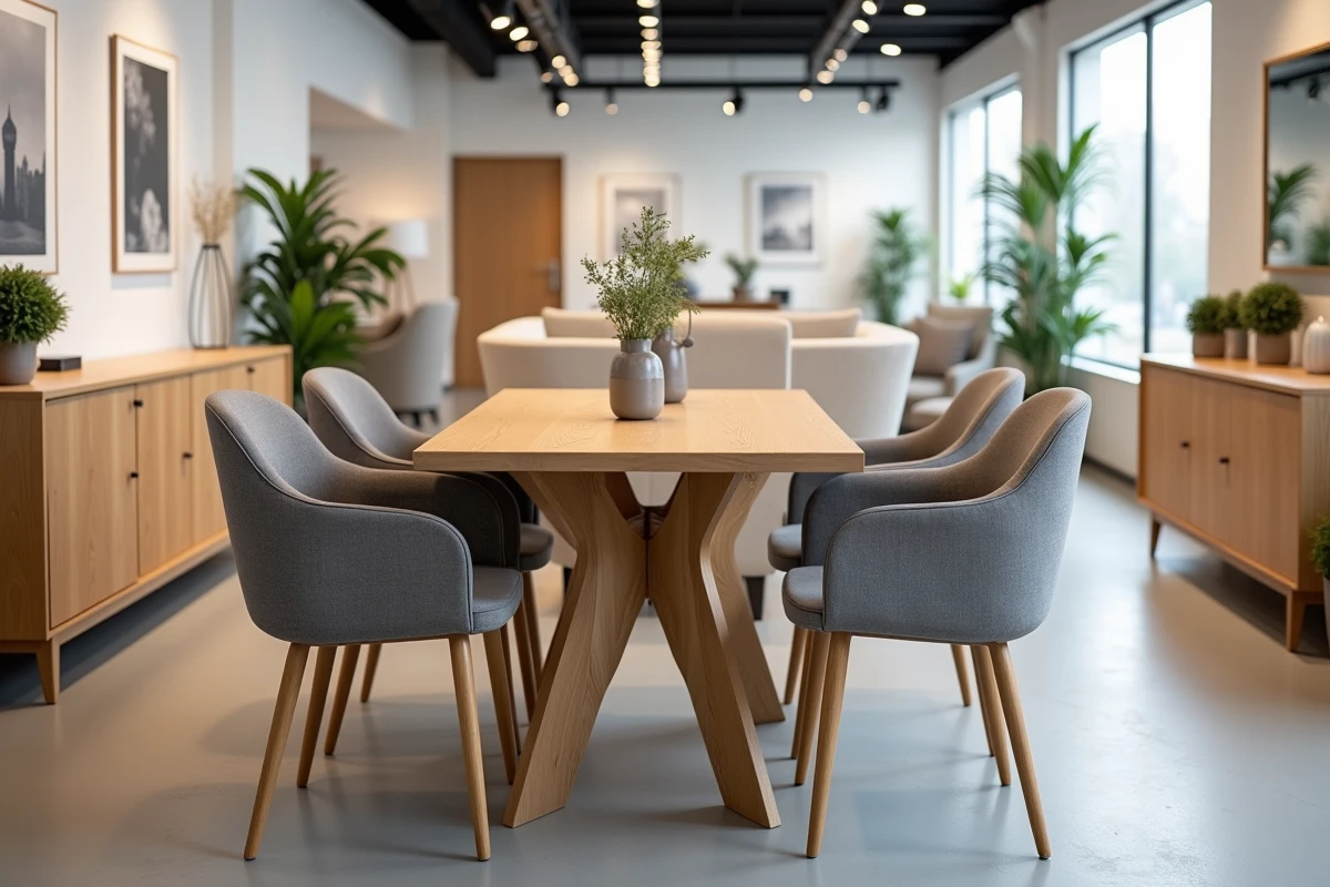 Ensemble table et chaises de salle à manger exposé dans un magasin BUT, avec un buffet assorti en arrière-plan