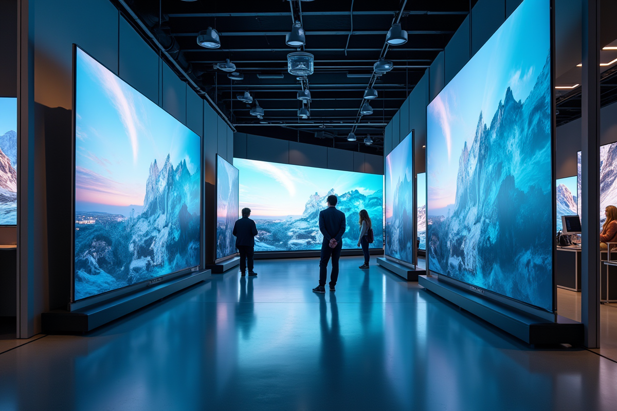 Magasin high-tech avec grands téléviseurs et clients admirant