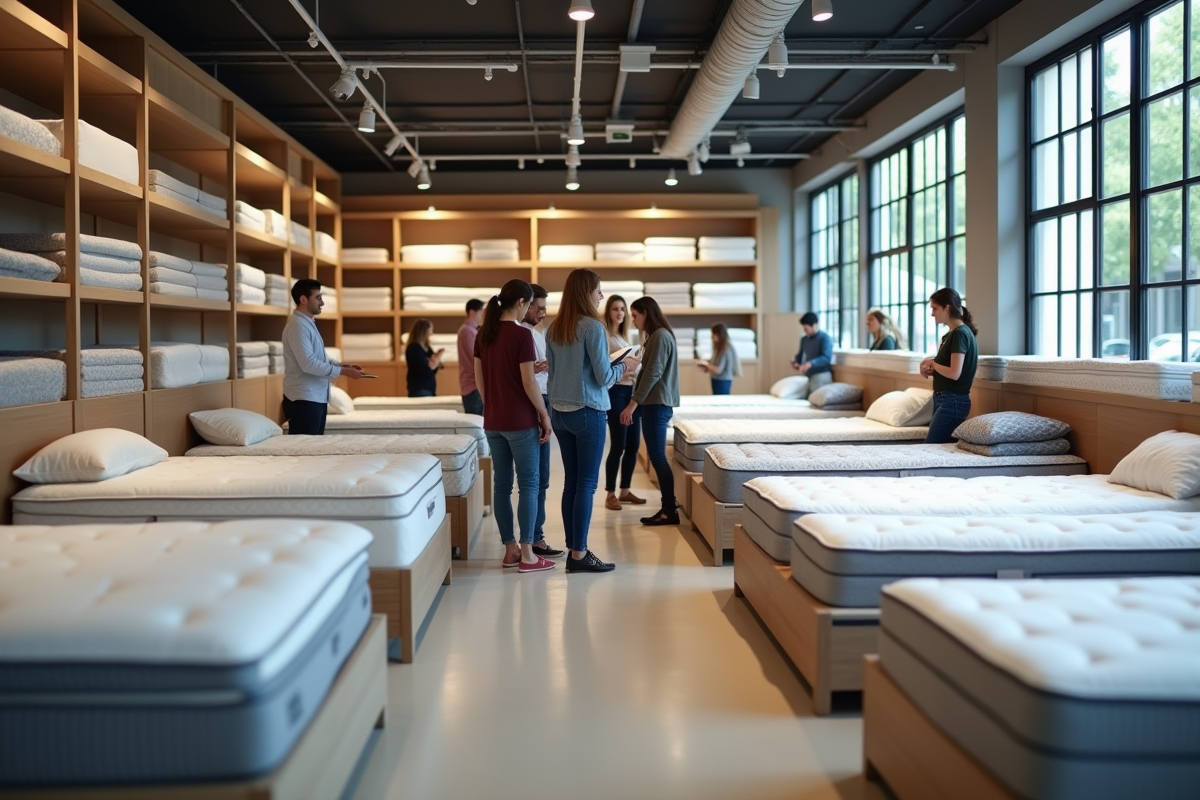Magasin de matelas intérieur avec clients et vendeur