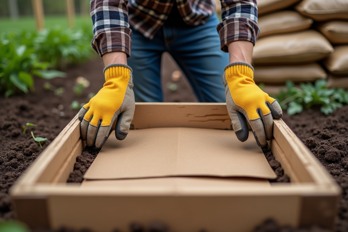 Mains d’un jeune homme manipulant carton dans un jardin