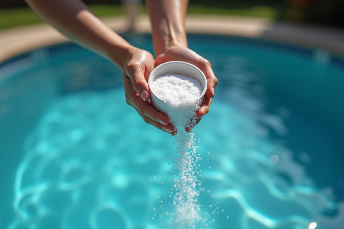 Mains tenant un bol de sel de piscine au-dessus de l