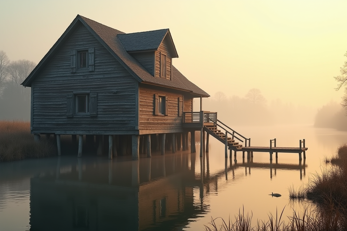 Ancienne maison en bois au bord de la rivière au matin