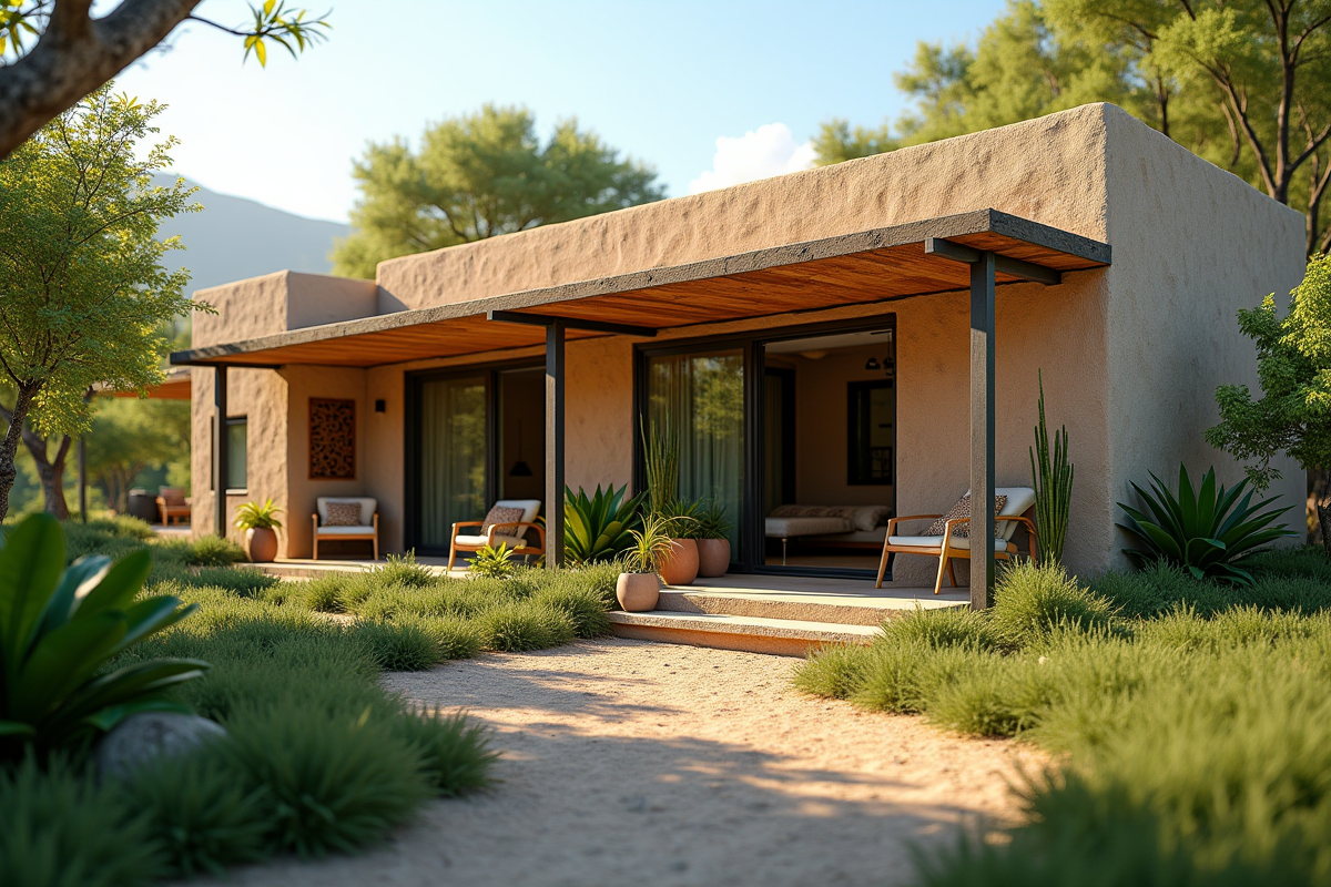 Extérieur d'une maison écologique en terre et bois avec végétation
