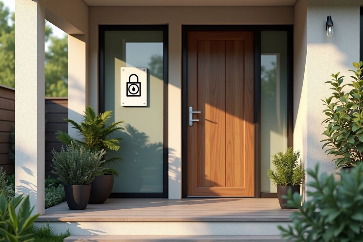 Entrée d'une maison moderne avec sticker d'alarme visible