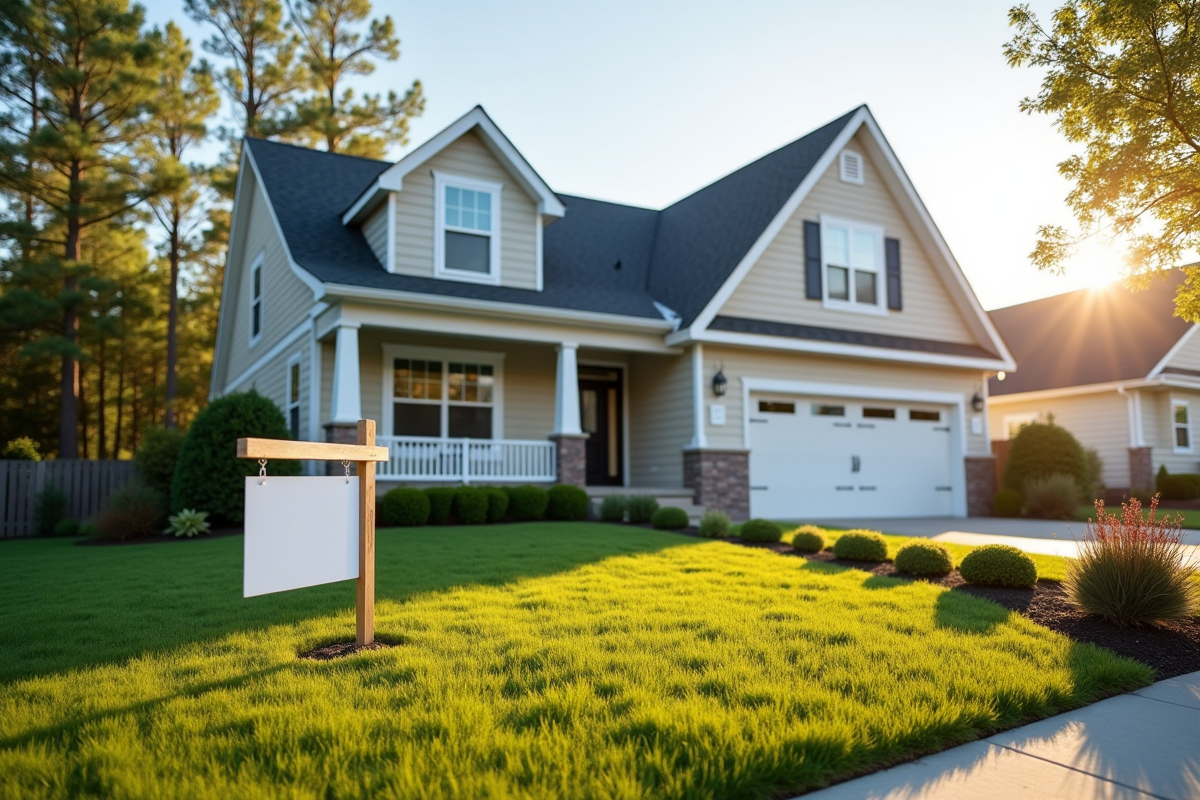 Maison rénovée avec panneau a vendre devant la maison au matin