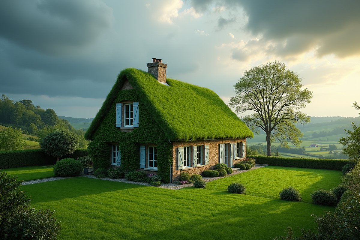 Maison avec toit vert dans la campagne française