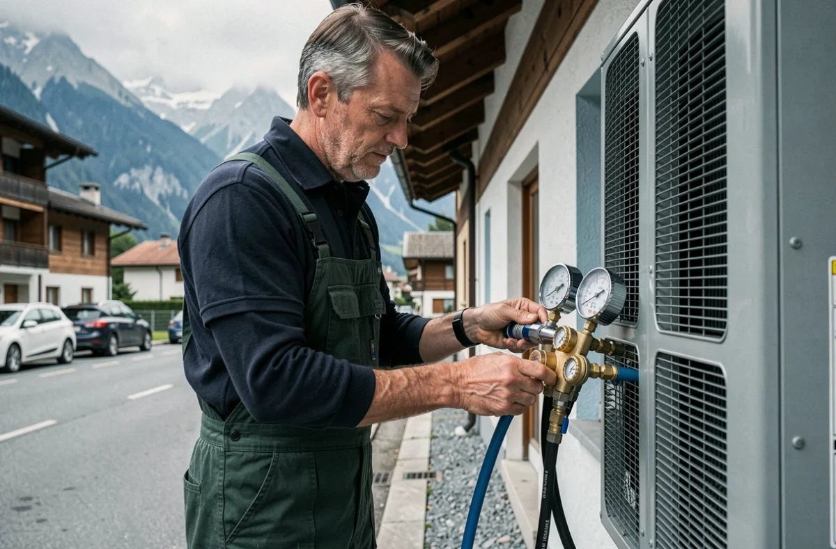 Technicien Md Pac contrôlant le circuit frigorifique d'une pompe à chaleur en Haute-Savoie