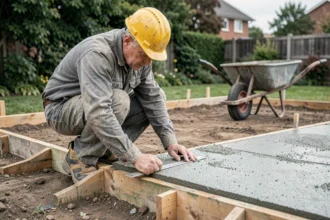 Ouvrier mesurant l'épaisseur d'une dalle béton fraîchement coulée sur une terrasse résidentielle