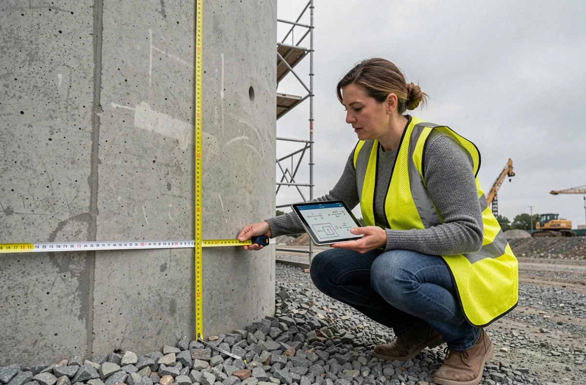 Femme mesurant un réservoir cylindrique sur un chantier pour corriger un calcul de volume en m³