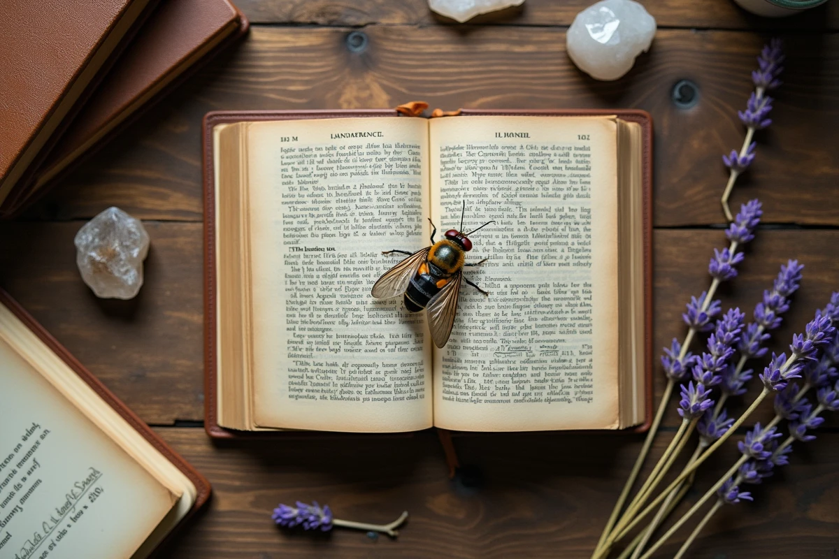 Mouche posée sur un livre vintage ouvert entouré de lavande et d'un cristal sur une table en bois, symbolisme spirituel