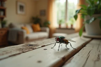 Mouche posée sur le rebord d'une fenêtre en bois à l'intérieur d'une maison rustique, détail macro des ailes irisées