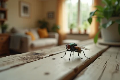 Mouche posée sur le rebord d'une fenêtre en bois à l'intérieur d'une maison rustique, détail macro des ailes irisées