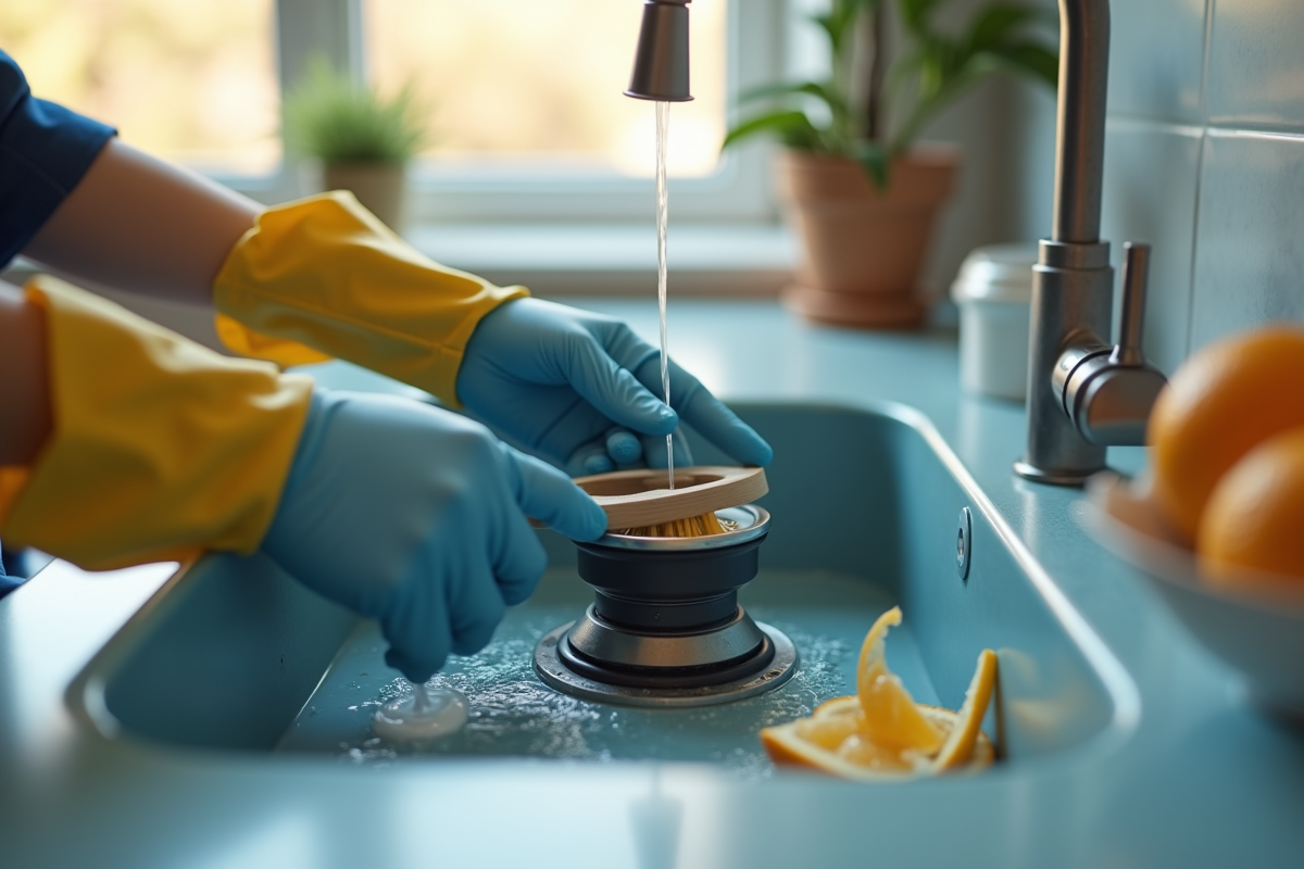 Personne nettoyant l'évacuation de cuisine avec des gants
