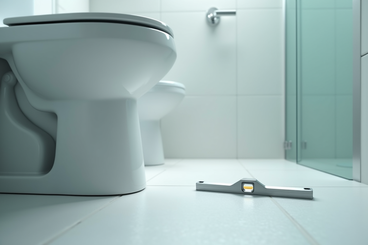 Niveau et cales métalliques près d une toilette en céramique