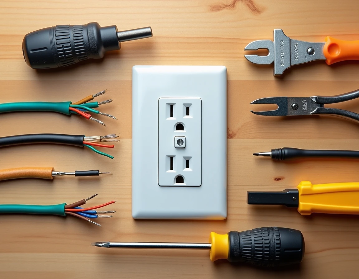 Vue à plat des outils et fils électriques pour installer une prise avec terre