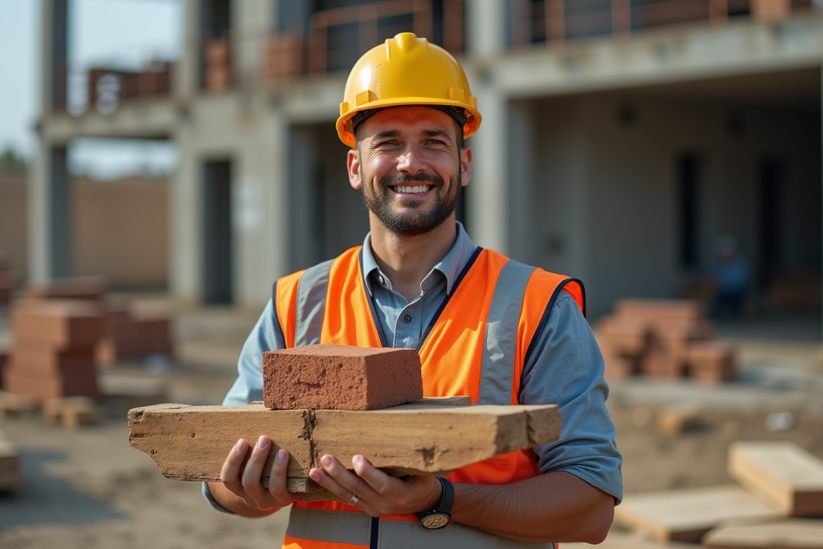 Ouvrier de chantier tenant une brique et une poutre en bois