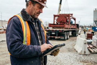 Homme en veste de travail vérifiant une tablette sur un chantier industriel