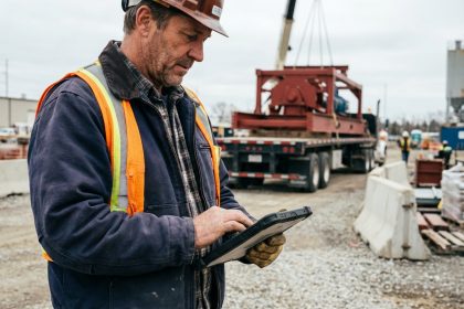 Homme en veste de travail vérifiant une tablette sur un chantier industriel