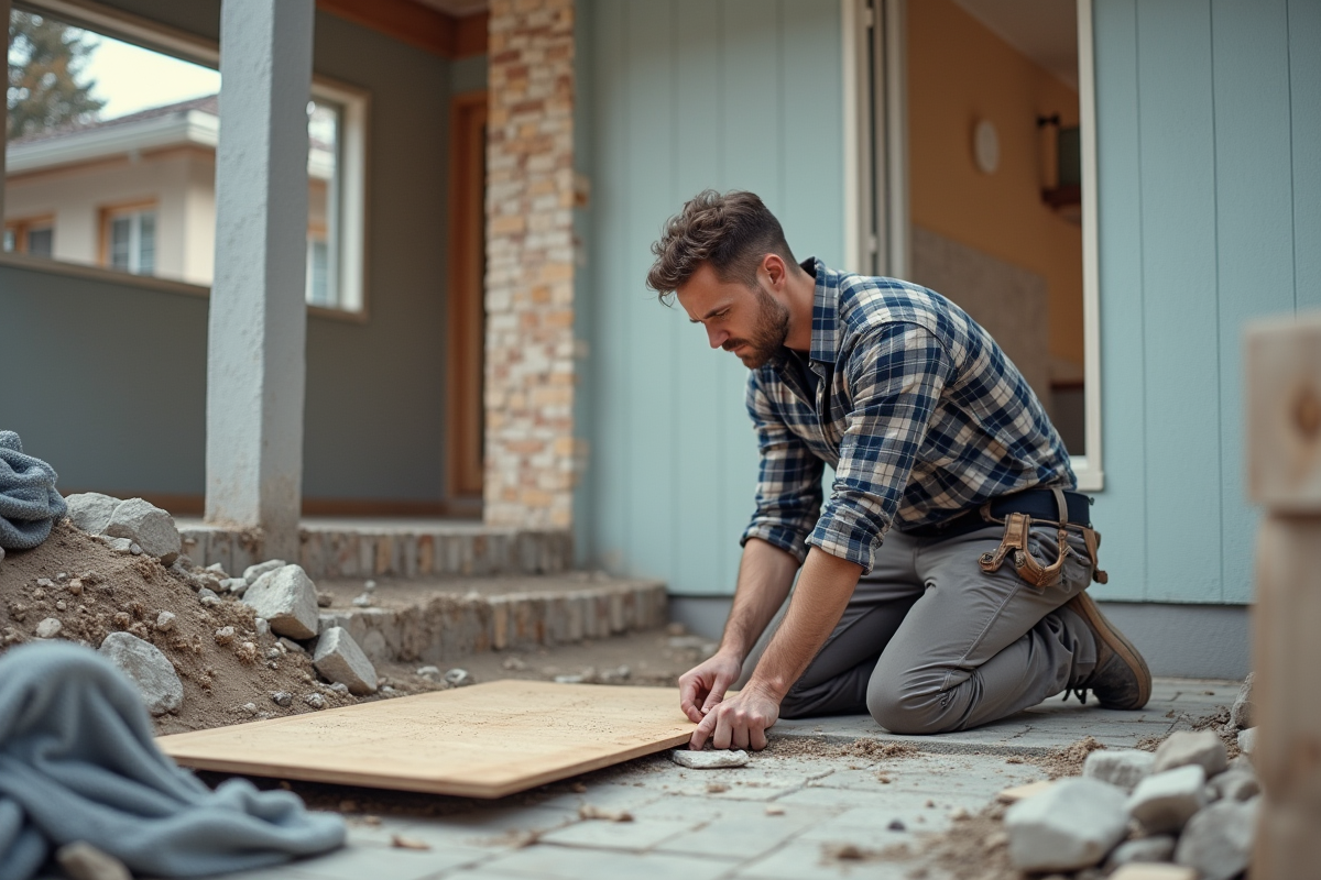 Ouvrier mesurant une panneau d