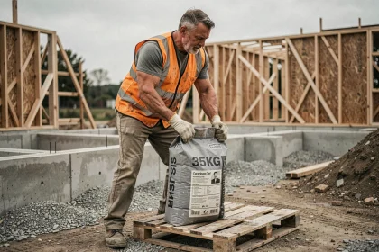 Ouvrier sur chantier soulevant un sac de béton de 35 kg depuis une palette en bois