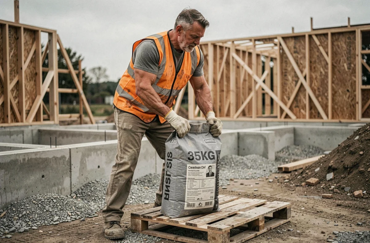 Ouvrier sur chantier soulevant un sac de béton de 35 kg depuis une palette en bois