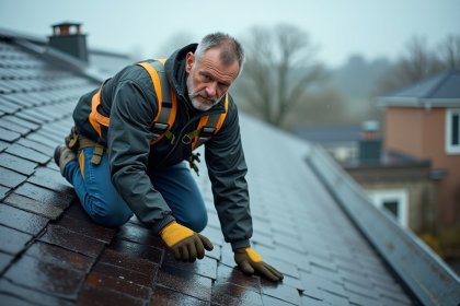 Ouvrier de toiture au solin humide en pleine inspection