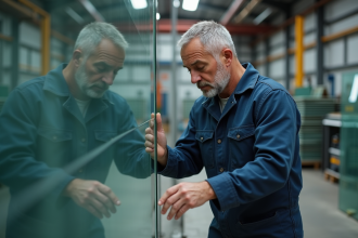 Ouvrier en combinaison inspectant une grande vitre architecturale