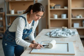 Femme appliquant un primaire d'adhérence sur une porte de meuble peinte en glycéro sans ponçage préalable