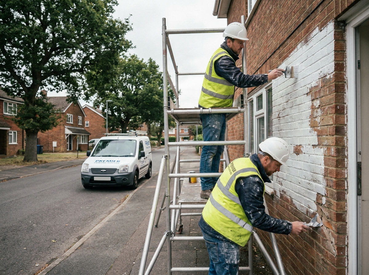 Deux peintres professionnels travaillant sur la façade extérieure d'une maison individuelle en milieu urbain