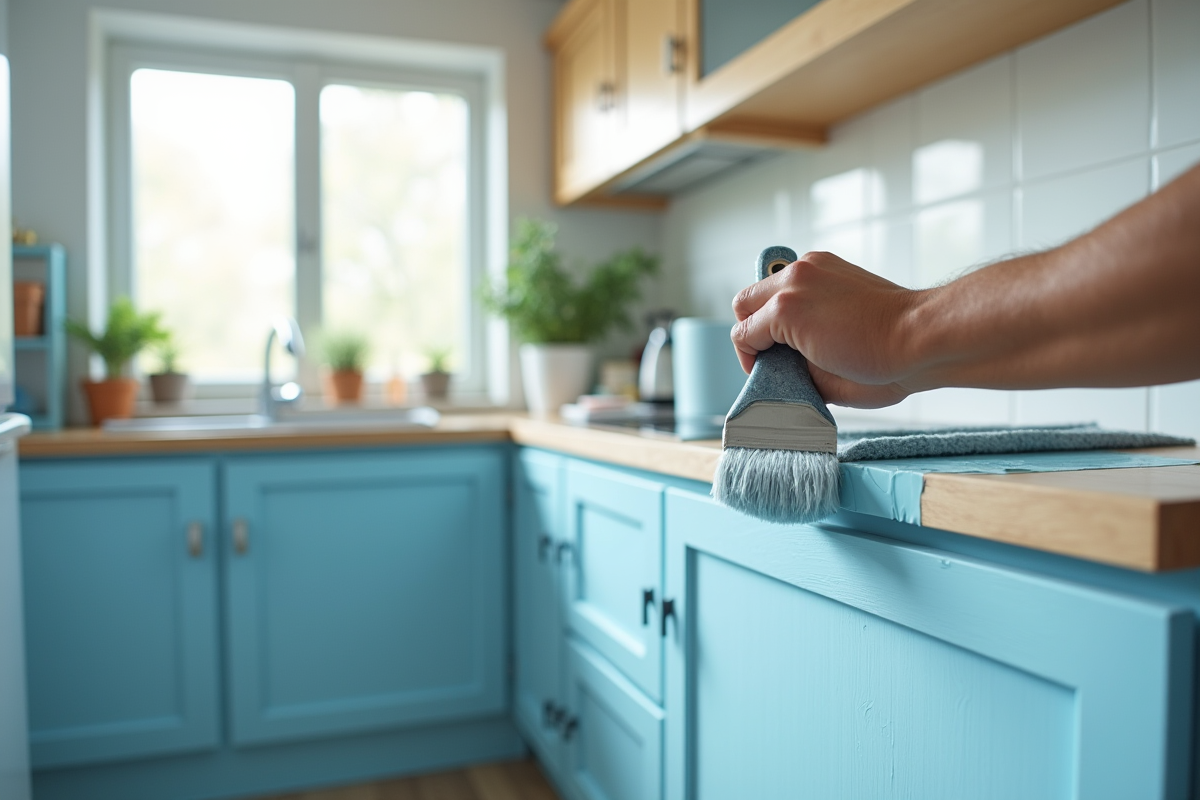 Personne peignant des portes de cuisine en bleu clair lumineux