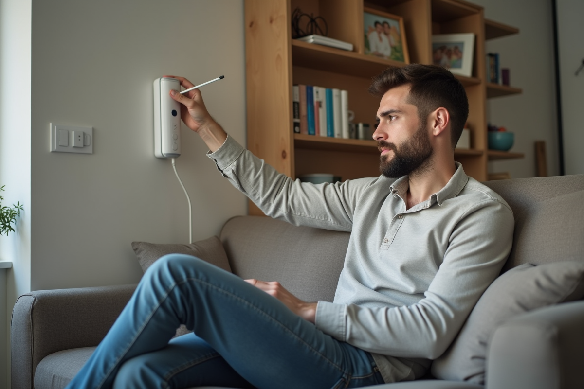 Jeune père vérifiant un thermometre mural dans le salon familial
