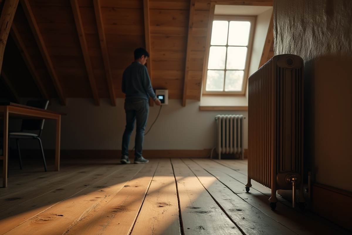 Personne ajustant le thermostat dans une pièce mansardée chaleureuse