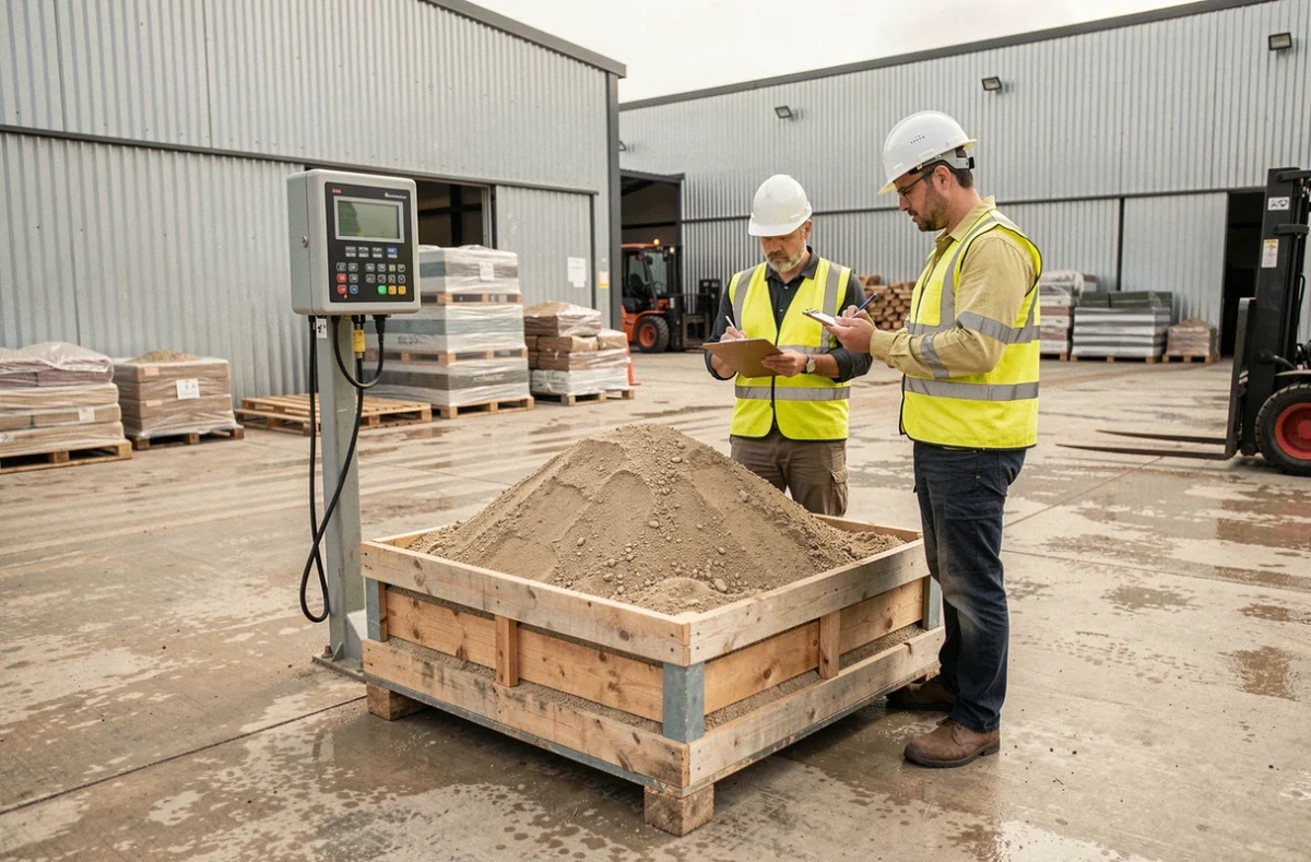 Ouvriers mesurant le poids d'un mètre cube de sable de carrière sur une balance industrielle dans un dépôt de matériaux