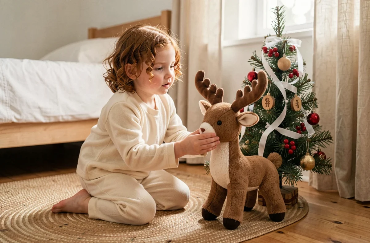 Petite fille en pyjama admirant un grand renne de Noël décoratif dans sa chambre, magie de Noël pour enfant