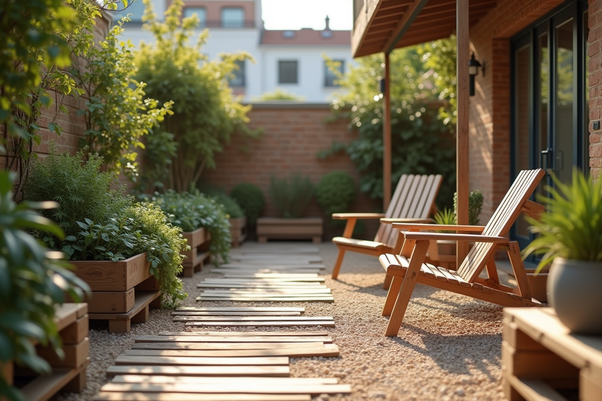 Petite terrasse de jardin en bois avec plantes et chaises