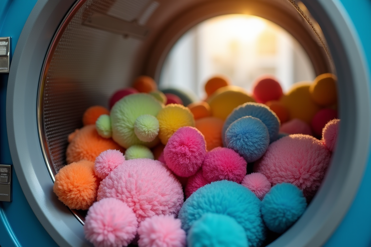 Tas de peluches colorées dans un lave-linge lumineux