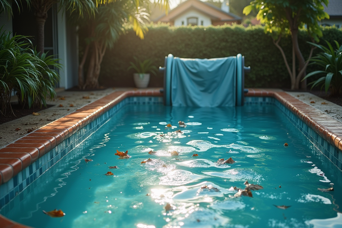 Piscine dans le jardin apres une tempete avec debris et eau stagnante