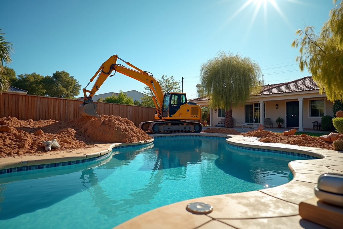 Piscine partiellement remplie avec excavateur sous ciel bleu