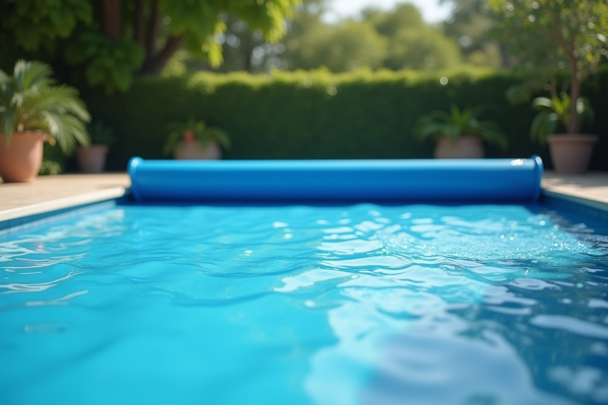 Piscine extérieure moderne avec couverture bleue ensoleillée