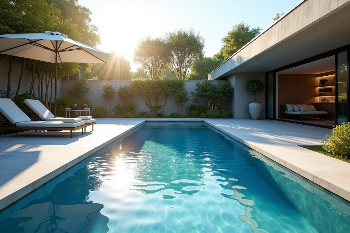 Piscine extérieure moderne avec eau bleue et deck minimaliste