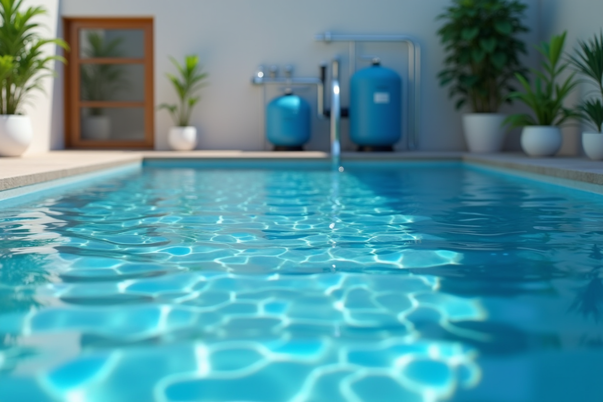 Piscine extérieure moderne avec eau claire et système de filtration visible