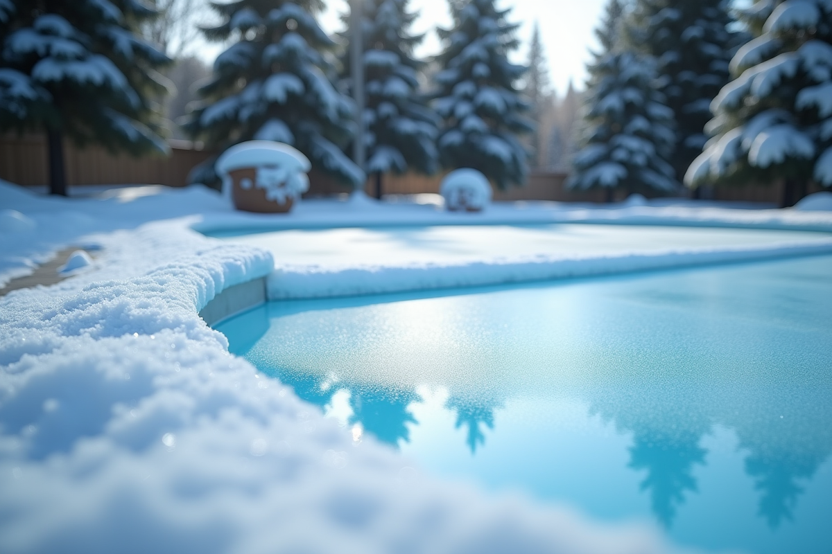 Piscine d'hiver avec couverture enneigee et arbres verts