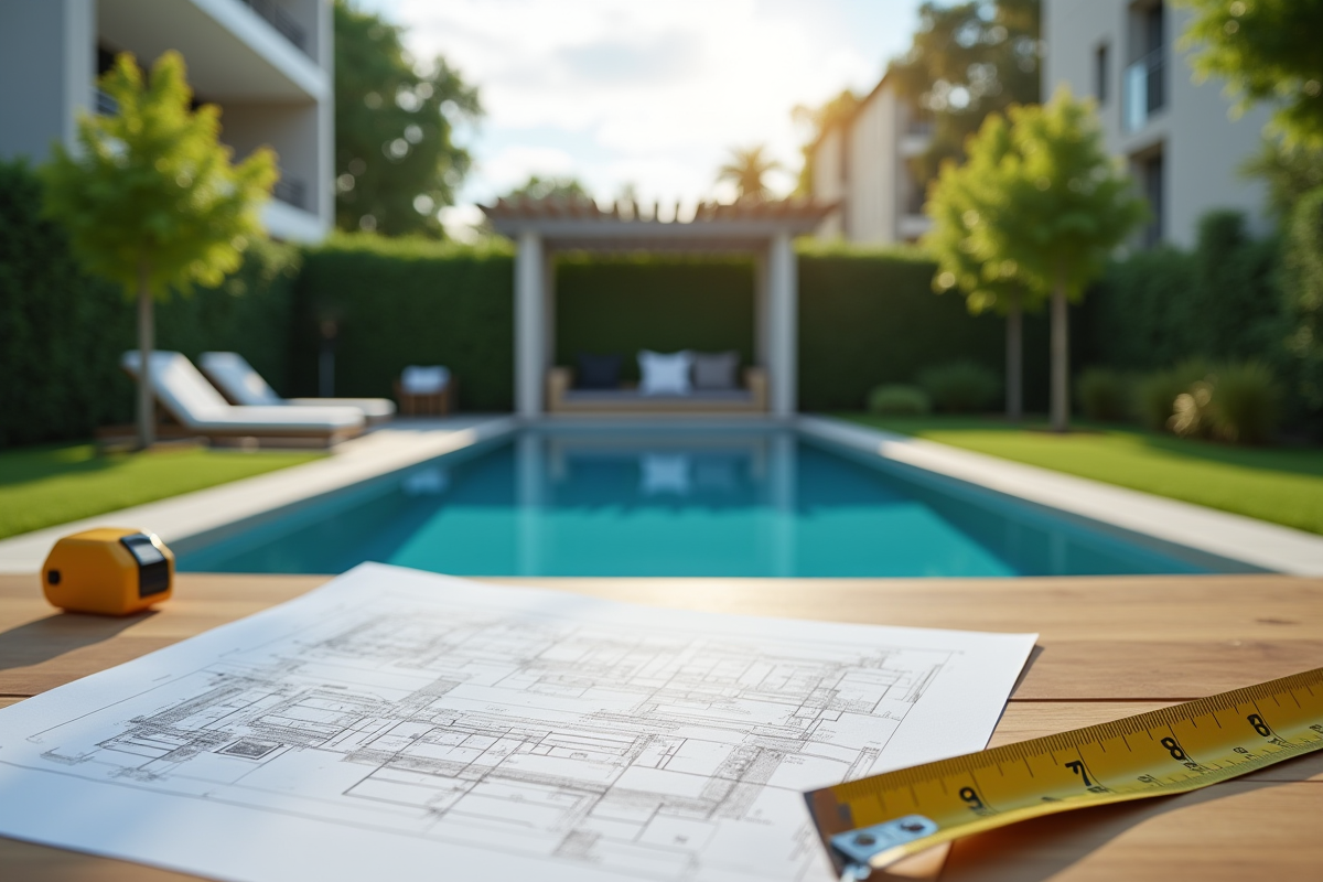 Jardin moderne avec piscine neuve et pelouse verte