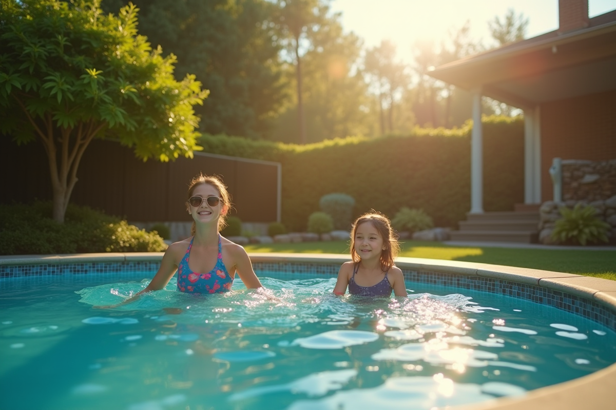 Piscine ronde en extérieur dans un jardin ensoleille avec enfants jouant