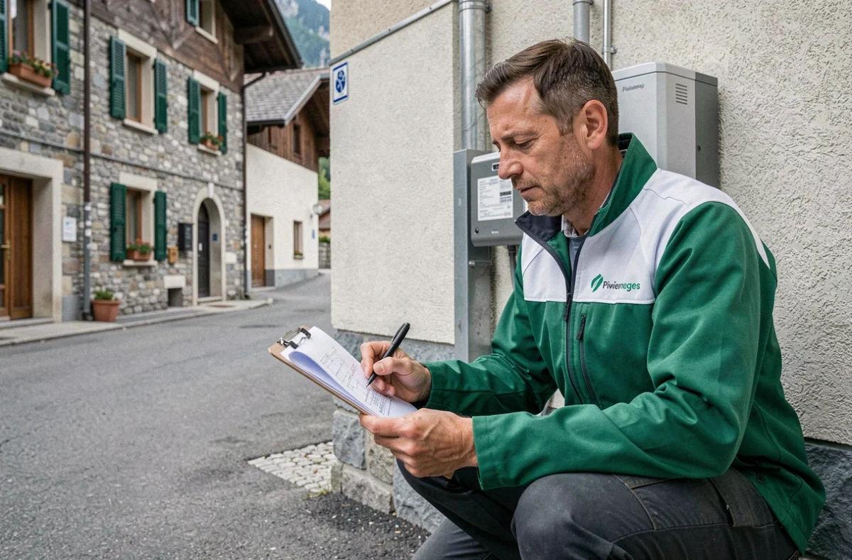 Technicien Piwienergies vérifiant une installation de pompe à chaleur en Haute-Savoie