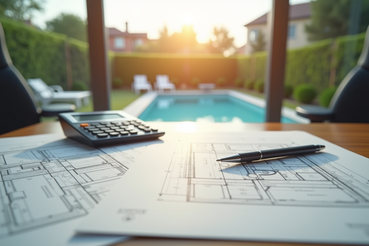 Plan architectural sur bureau avec maquette de piscine
