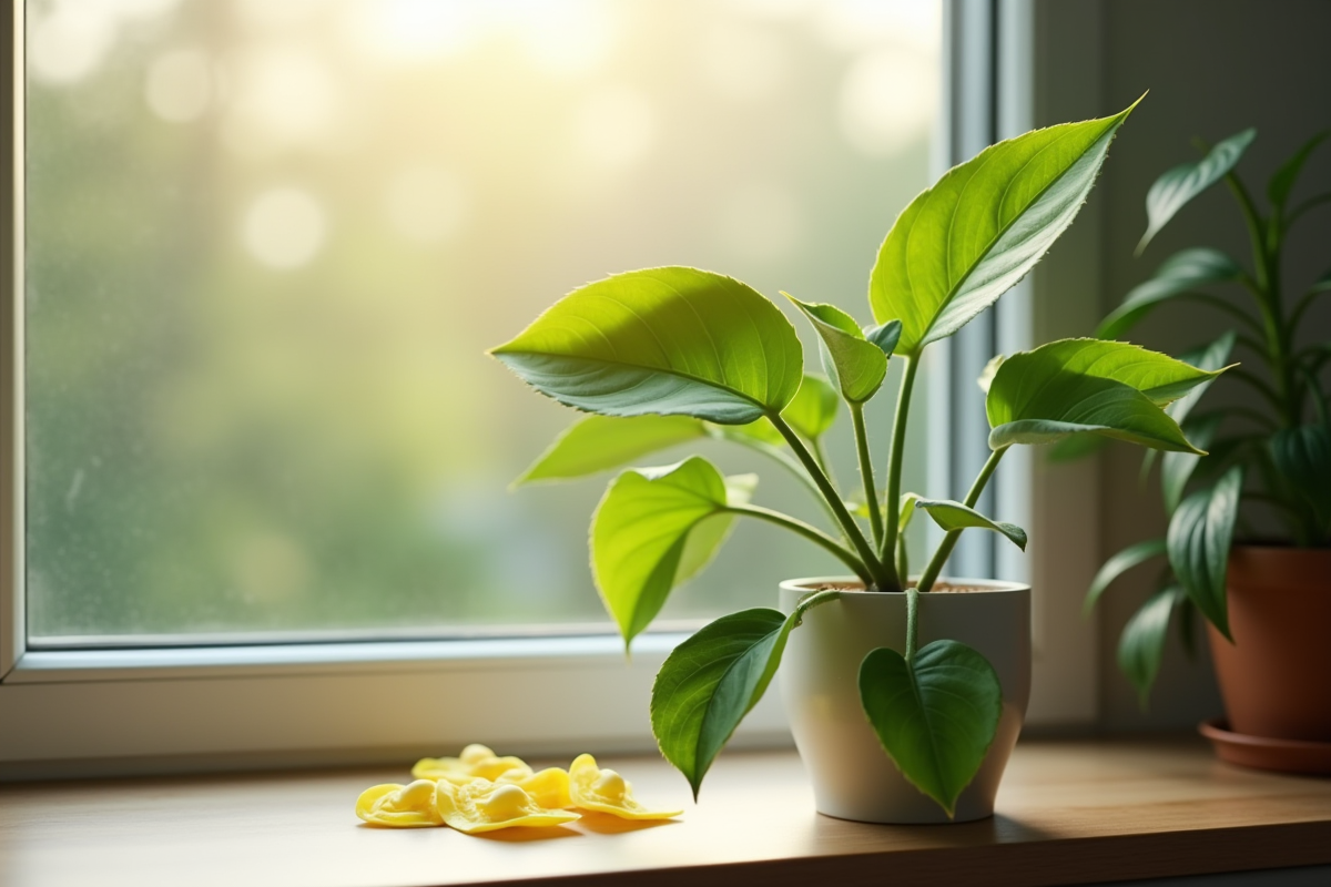 Plante d intérieur saine avec pièges jaunes contre les nuisibles