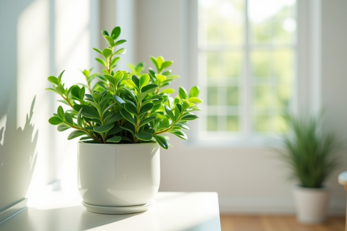 Jade en pot dans un salon lumineux avec lumière douce du matin