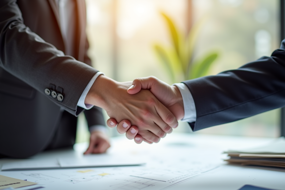 Poignee entre un client et un architecte sur un bureau avec plans et materiaux