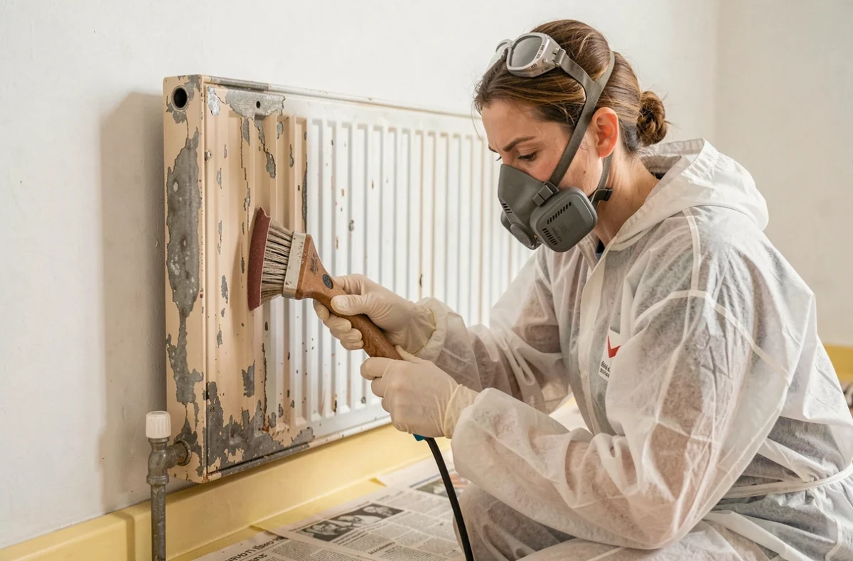 Femme ponçant manuellement un radiateur en acier fixé au mur avec une brosse métallique et du papier de verre
